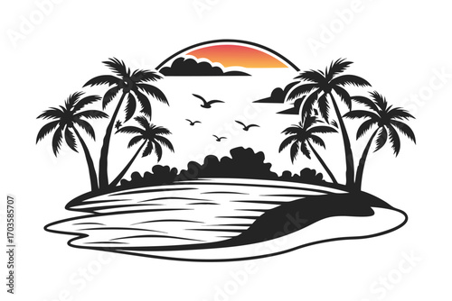 Black silhouette shows a tropical island with palm trees, birds, water, and a sunset