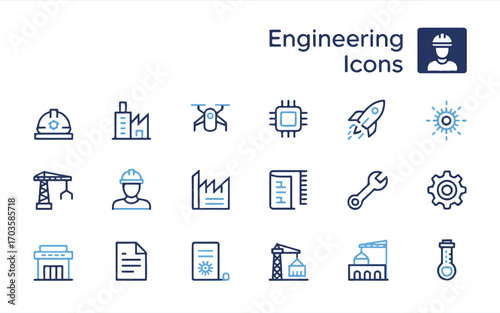 Collection of engineering and construction themed line art icons in blue and black Keywords: engineering icons, construction icons, hard hat icon, factory icon, drone icon, CP