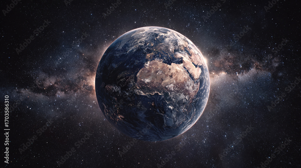Fototapeta premium Earth in Space A Stunning View of Our Planet Against the Milky Way Galaxy