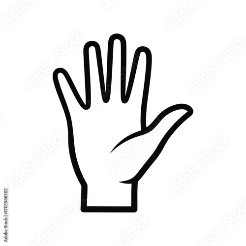 Hand showing five fingers isolated on white background, representing a high five, stop, or counting, depicted with a clean, minimalist line art style