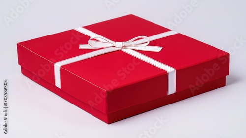 Red gift box with white ribbon and bow, centered product shot on clean background.