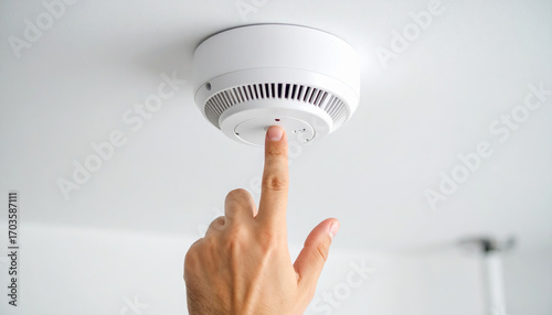 Smoke detector ceiling hand finger safety test white indoor technology alert person pressing finger white smoke detector mounted ceiling, symbolizing safety and alertness modern indoor environment