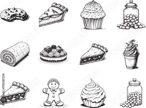 A Delightful Variety of Baked Goods: A pen-and-ink illustration that captures an array of sweet treats including, cookies, pie, cupcake, jelly beans and cake. A true embodiment of tasty temptation.