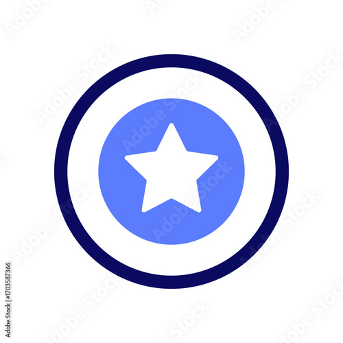 Round award badge with star. Trophy, medal, order, award icon. Concept of victory, first place, rewarding, best. Vector illustration