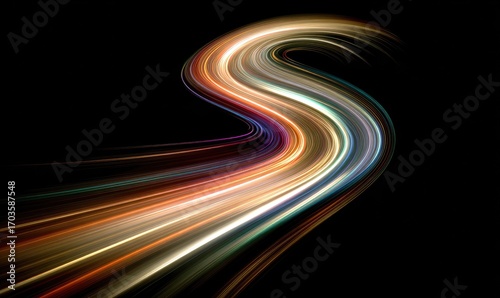 Abstract swirling light trails on black background, exhibiting vibrant hues of orange, yellow, and teal, creating a dynamic, energetic composition