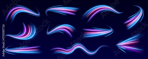 Glowing neon lines swirl into dynamic spirals, creating a sense of rapid motion. A futuristic highway of light connects abstract data points. High-speed energy pulses dominate the scene.