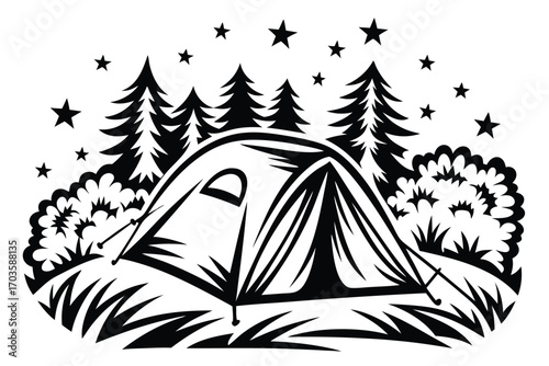 Black tent is surrounded by trees, bushes, and stars in a nature night scene
