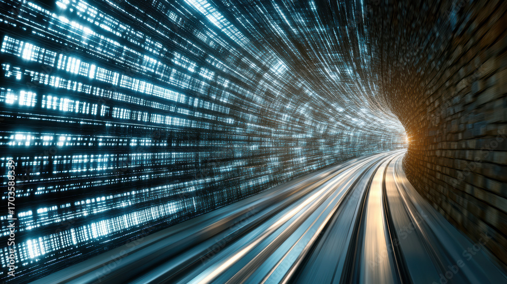 Fototapeta premium Futuristic tunnel with glowing data streams and curved tracks creates sense of speed and motion