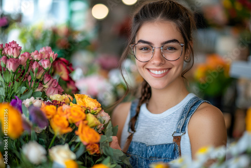 A joyful woman with glasses stands near a variety of blooming flowers in a bustling flower shop, showcasing her love for floral arrangements