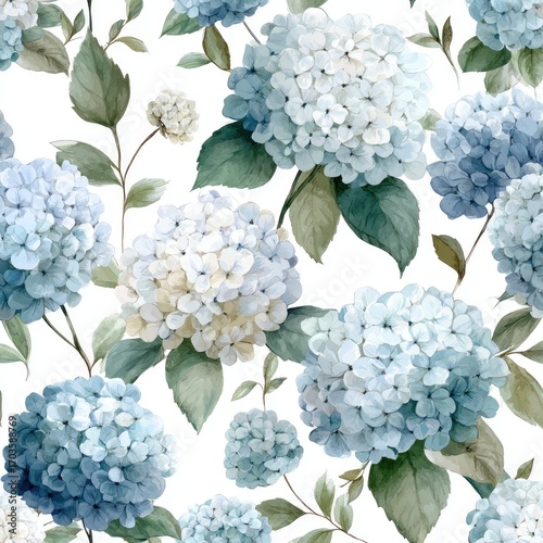 Watercolor-style seamless pattern featuring pale blue and white hydrangea blossoms and green foliage on a white background.  The design is delicate and repetitive, ideal for fabric or wallpaper