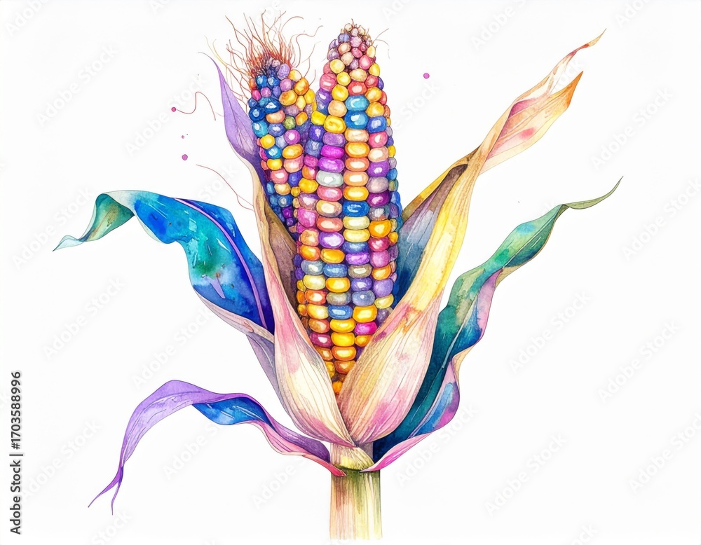 Obraz premium Vibrant Corn Cob with Colorful Kernels Watercolor Illustration Isolated on White Background