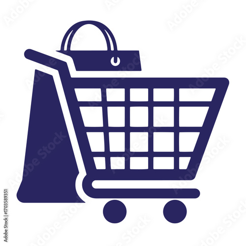 Simple dark blue shopping cart and shopping bag icon isolated on white background