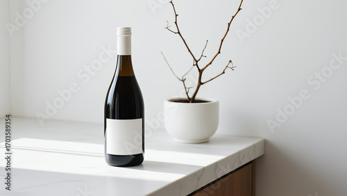 Realistic dark wine bottle with white label and cap on white countertop next to white pot with brown branches, soft natural lighting, minimalist