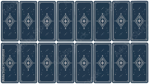 Repeating Pattern of Dark Blue Tarot Card Backs with Silver Geometric Design cards