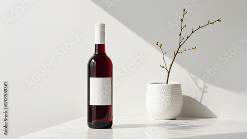 Realistic dark wine bottle with white label and cap on white countertop next to white pot with brown branches, soft natural lighting, minimalist