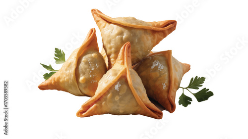Golden Fried Samosas with Fresh Parsley Sprigs on a White Background indian food fried food