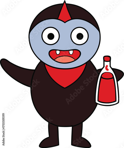 Humorous cartoon vampire character holding ketchup bottle instead of blood for a lighthearted halloween concept vector