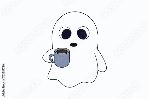 Funny cartoon ghost holding coffee cup with tired eyes expressing morning fatigue and need for caffeine vector