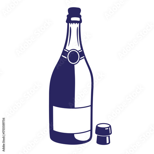 Simple flat illustration of a champagne bottle with cork on white background