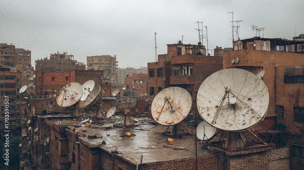 custom made wallpaper toronto digitalCity rooftops crowded with satellite dishes on a rainy day buildings dense urban landscape