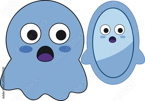 Scared ghost frightened by its own reflection in a mirror funny cartoon character vector