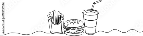 One line draw line. Fast food illustration.