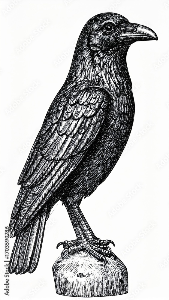 Fototapeta premium Detailed Vintage Raven Illustration in Black and White Engraving Style