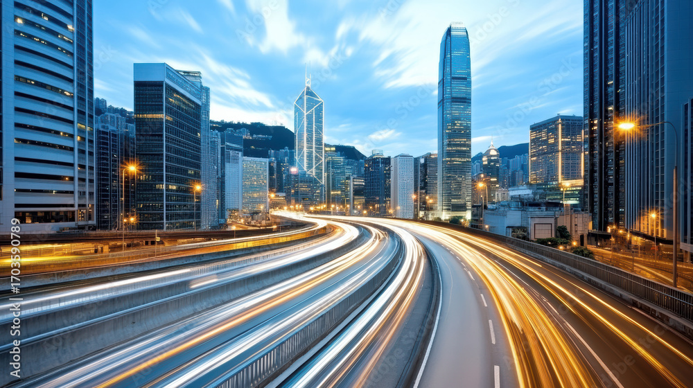Naklejka premium Modern city skyline with light trails weaving through urban landscape at dusk