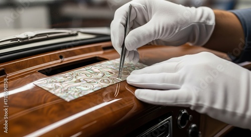 Artisan working on a luxury car interior with a mother of pearl inlay on a wooden dashboard