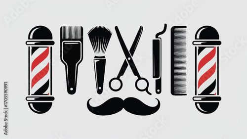 Vintage Barber Shop Tools and Pole Icons Set barber pole stripe