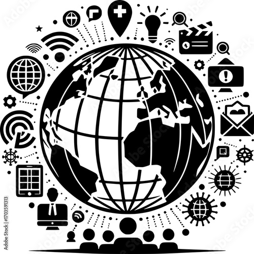 Global Network of Connection: An artistic representation of a globe encompassed by a network of diverse icons, symbolizing the interconnectedness of global information.