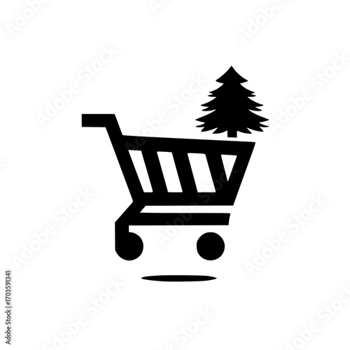 Holiday shopping cart with miniature Christmas tree icon isolated on white background for retail