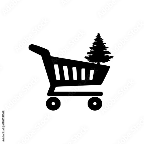 Shopping cart with small Christmas tree icon vector for festive holiday retail and ecommerce