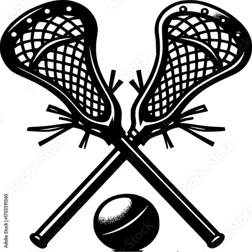 Lacrosse Sticks and Ball: A dynamic monochrome depiction of crossed lacrosse sticks and a ball, symbolizing the sport's energy, strategy, and competitive spirit.