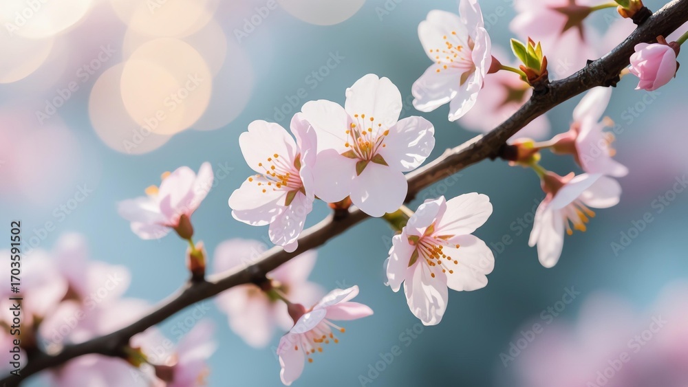 Obraz premium Photorealistic close-up of cherry blossom branches with dewy pale pink and white petals, brown stamens, slender dark branches, soft bokeh background with mixed cool and warm pastel light orbs