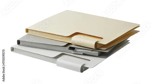 Stack of three manila and grey file folders with tabs and paper inserts on a white background documents