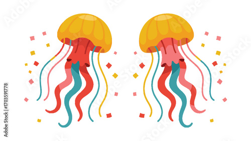 Two Whimsical Jellyfish Illustrations with Colorful Tentacles and Confetti cartoon jellyfish