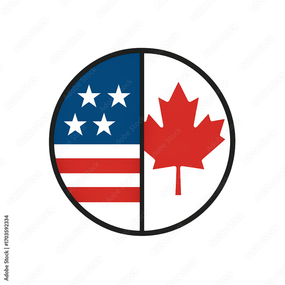 Obraz premium Circle divided in half showing american and canadian flags, isolated on transparent background