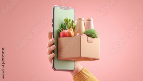 Fototapeta Naklejka Na Ścianę i Meble -  Hand holding a smartphone with a box of groceries