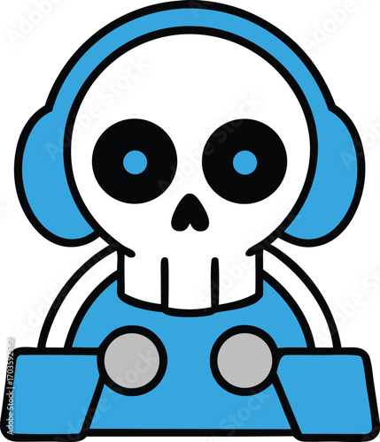Cartoon skeleton dj wearing blue headphones playing music on turntables fun music party concept vector
