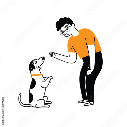 Man teaching and training his small dog a command, focusing on pet obedience and positive reinforcement.