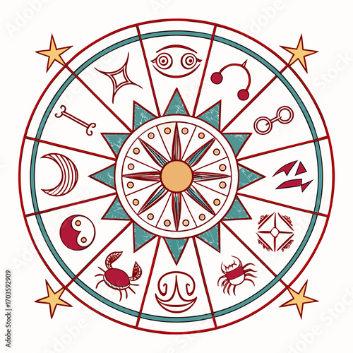 Vector art of zodiac wheel with astrological symbols astrological chart with signs of the zodiac horoscope circle with zodiac signs astrological vector illustration