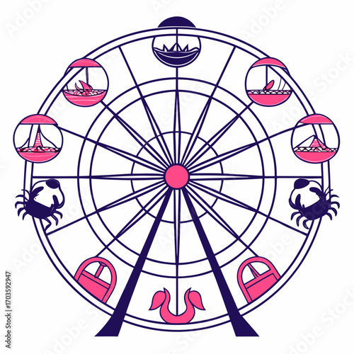 Vector art of a whimsical ferris wheel illustration, featuring a blend of marine and carnival elements, rendered in a charming line art style with a playful color palette