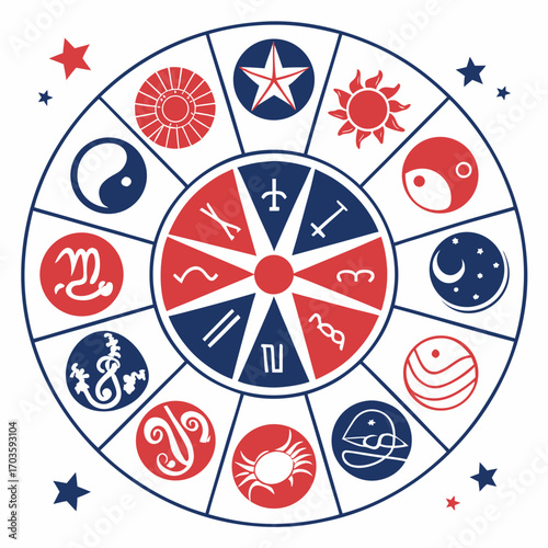 Vector art of a circular zodiac wheel illustration featuring astrological symbols and celestial elements in red, white, and blue, creating a patriotic and mystical design