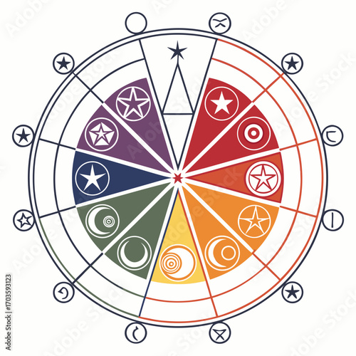 Vector art of intricate circular diagram featuring astrological symbols, geometric shapes, and celestial motifs, , creating a visually captivating and esoteric design