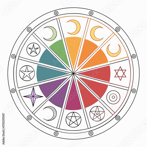 Vector art of wheel of the year, a pagan symbol representing the annual cycle of seasons and festivals, divided into segments with astrological and seasonal symbols
