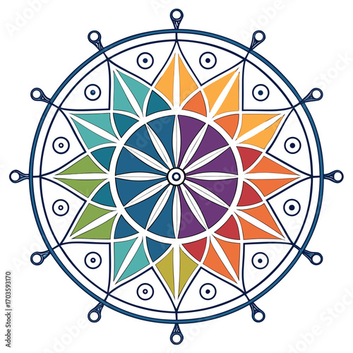 Vector art of vibrant compass rose illustration, featuring colorful geometric shapes and nautical elements, perfect for travel enthusiasts and adventure seekers