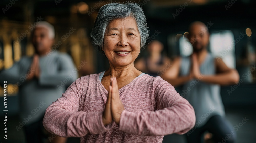 Obraz premium A woman is smiling and doing yoga poses in a gym. She is surrounded by other people who are also doing yoga poses. Scene is positive and energetic, as everyone is enjoying their workout