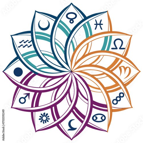 Vector art of a vibrant mandala design featuring astrological symbols arranged in a circular pattern, the design incorporates various colors, creating a visually appealing and intricate artwork