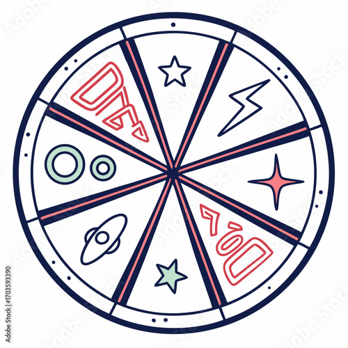Vector art of a whimsical wheel of fortune illustration, featuring a playful mix of symbols and icons, perfect for adding a touch of fun to any design project